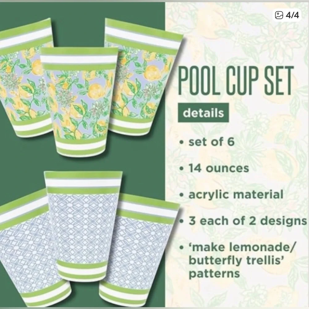 🍋💕Lilly Pulitzer Pool Cups set of 6 in Bluette Making Lemonade